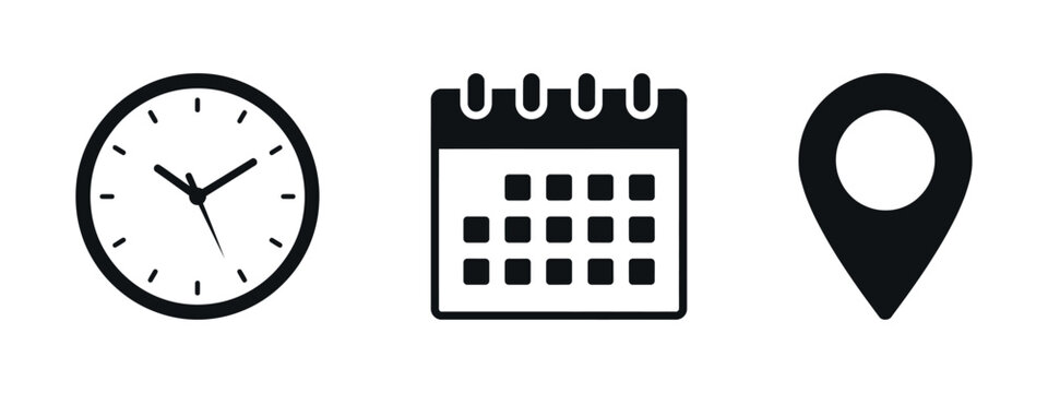 Clock calendar and location pin icons represent time and place