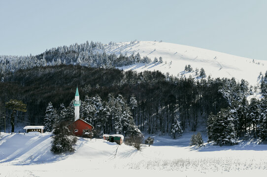 View of a mosque with a minaret nestled in a snow-covered pine forest near Lake Abant in Dereceoren, Bolu, Turkiye.