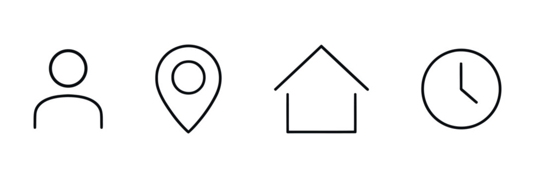 Four flat line icons depict a profile location residence and clock