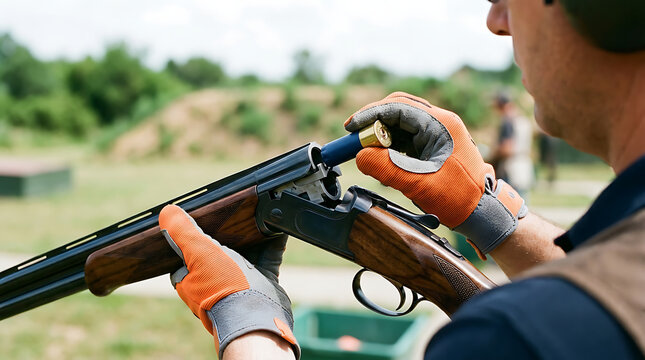 Close-up of a shooter loading a cartridge into a double-barrel shotgun at a shooting range