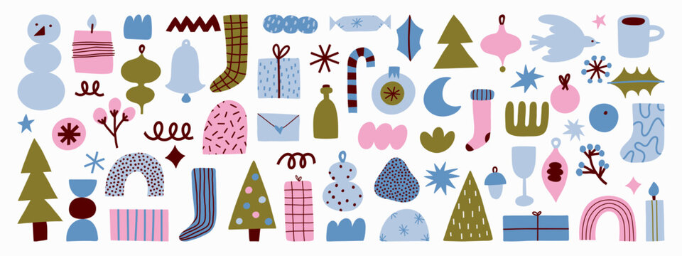 Festive seasonal collection with Christmas symbols, winter decorations, wrapped presents, ornaments, snowman, candles, trees, stockings, stars, greeting elements, playful retro holiday artwork.