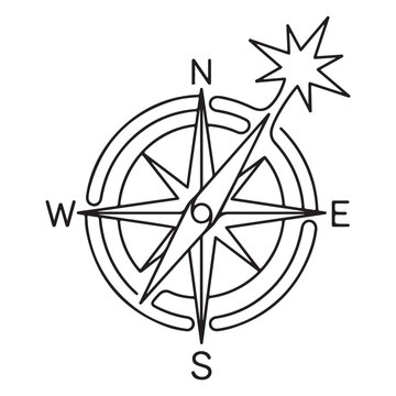 Black line art icon of a vintage navigational compass rose with north east south west direction letters and a star isolated on white background