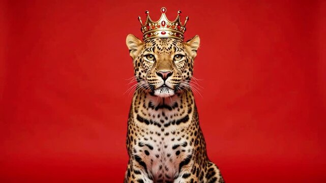 Royal leopard with golden crown gazing from a red background