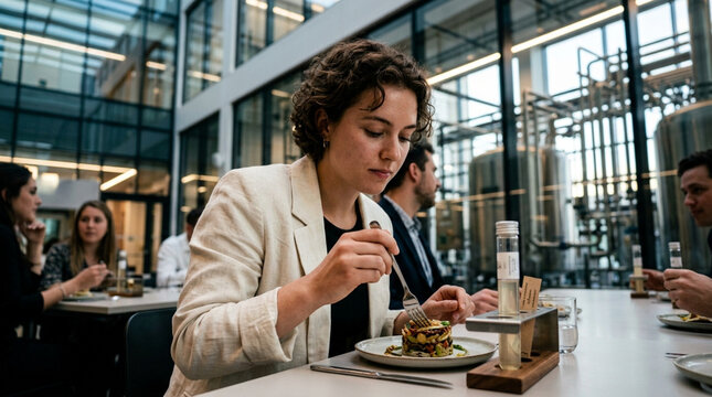 Woman enjoying a delicious meal at a modern restaurant with a blurred background of people dining