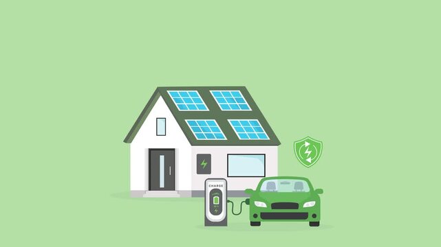 Green House with Solar Panels and Electric Vehicle Charging &ndash; Renewable Energy and Savings Concept