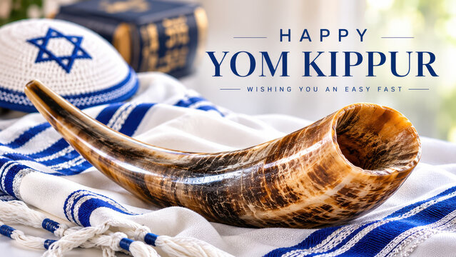 Large shofar across tallit beneath happy yom kippur greeting, easy fast message, jewish holiday banner with prayer book plus kippah