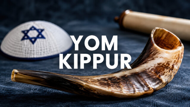 Yom kippur still life with shofar, knitted kippah, torah scroll, dark blue fabric background, jewish day of atonement, prayer tradition, religious observance