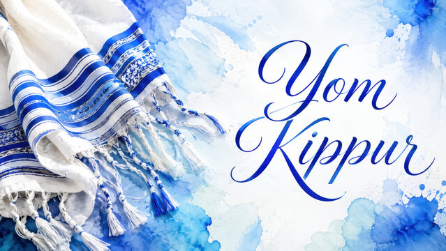 Watercolor tallit beside yom kippur calligraphy on blue wash, jewish day of atonement banner, prayer shawl greeting for reflection