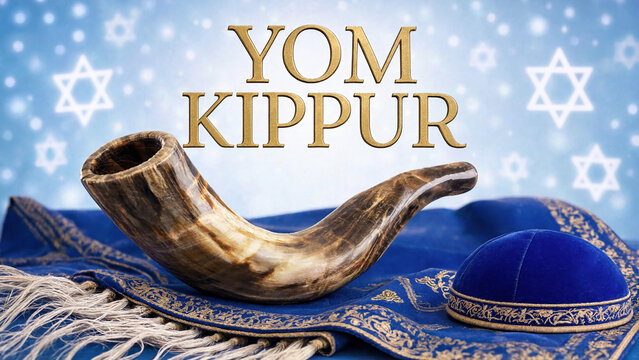 Traditional shofar horn placed on blue embroidered tallit shawl next to velvet kippah skullcap, golden typography, bokeh background with david stars, yom kippur holiday greeting layout