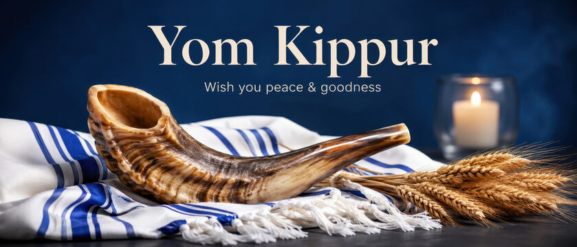 Polished shofar with tallit wheat plus candle below yom kippur text, day of atonement banner, renewal plus easy fast greeting