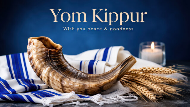 Shofar on tallit with wheat plus glowing candle beneath yom kippur greeting, jewish holiday still life, peaceful atonement message