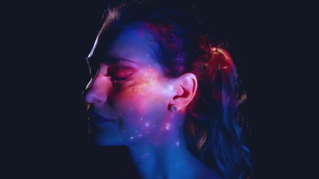 art fantasy portrait person meditating head close-up, Fairy Goddess young sexy woman and space fly stars galaxy light blue planet universe glowing on beauty face happy girl love calm. Zodiac sign 4k.