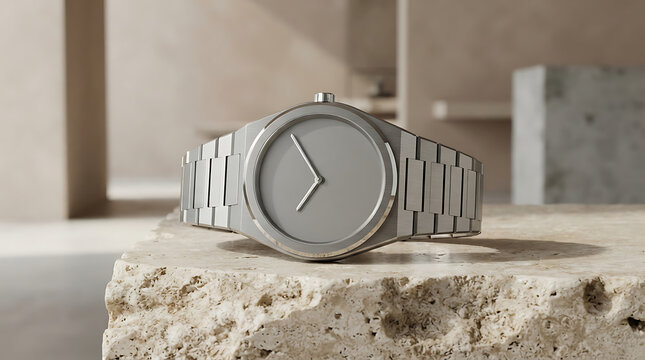 Minimalist grey wristwatch with smooth metal band on textured stone surface, soft background isolated on a transparent background