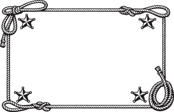 western rope border frame featuring sheriff stars and lasso knots for cowboy themed icon silhouette vector