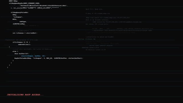 Hacker terminal interface with scrolling error logs, red root access alerts and digital pixel glitching for cyber security cinematic projects.