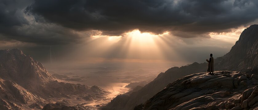 Biblical figure standing on a mountain peak overlooking a vast desert landscape under dramatic stormy clouds