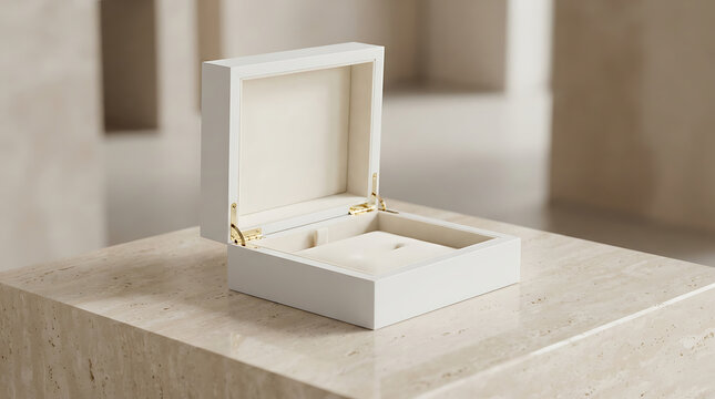 Open white jewelry box with plush interior and gold hinges on marble surface keywords: jewelry, box, white, open, luxury, storage, gift isolated on a transparent background