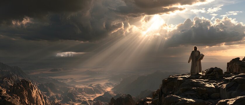 Biblical scene of moses standing on a mountain peak under dramatic light rays from storm clouds
