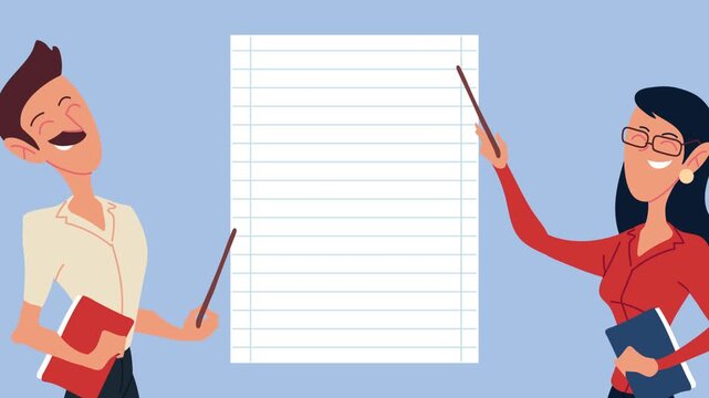Teachers couple holding books and pointers with paper sheet on blue background animated educational footage.