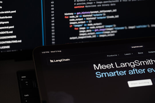 LangChain Ai company web page on program code background