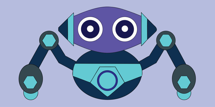 Cartoon robot character with mechanical arms and large expressive eyes.