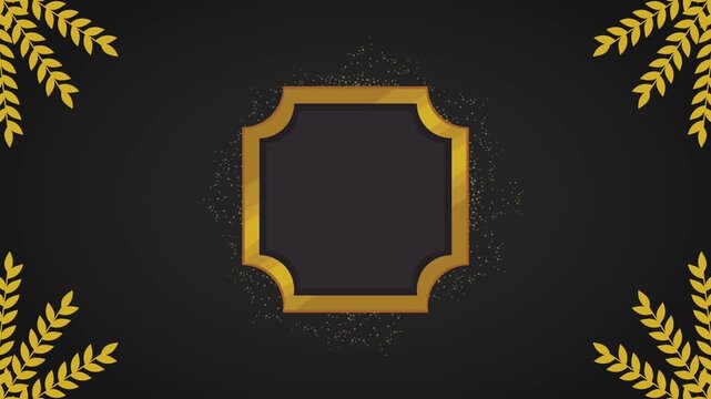 Luxury golden frame animation with sparkling glitter and wheat branches on dark black background.