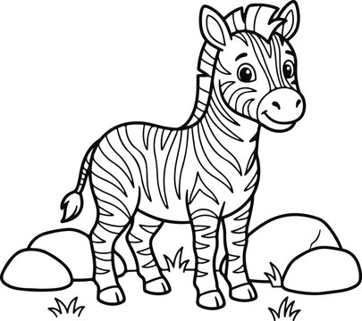 Cute cartoon zebra standing near rocks, simple line art coloring page for kids
