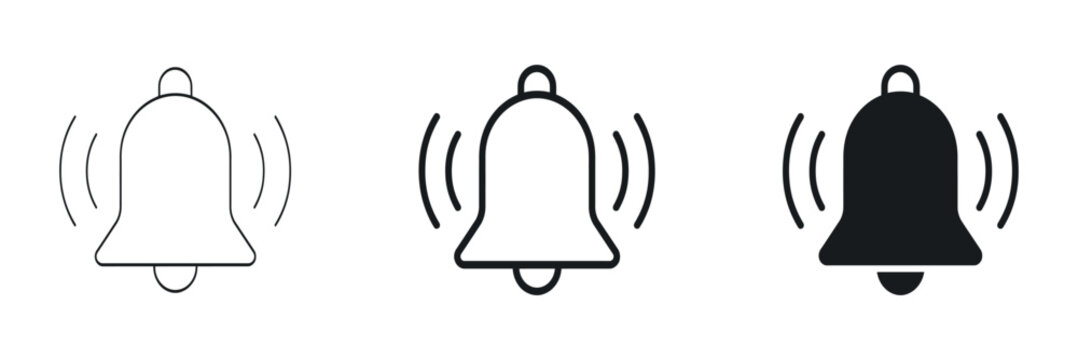 Three line art depictions of a ringing bell with varying stroke weights
