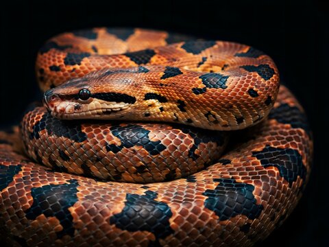 Close-up of a Ball Python Snake Coiled on Dark Surface