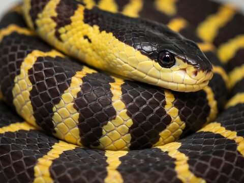 Close-up of a Yellow and Black Striped Ball Python Snake