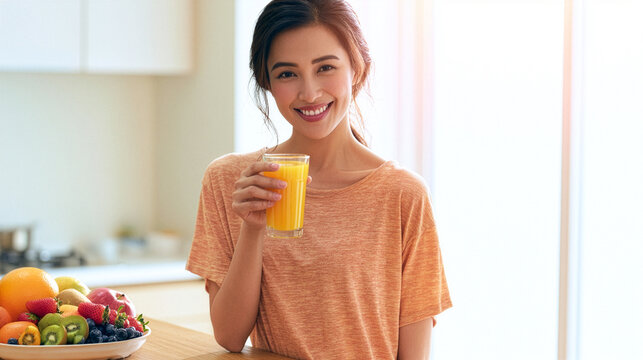 A naturally woman stands in a brightly lit kitchen  holding a glass of juicy fresh juice with a relaxed and genuine smile