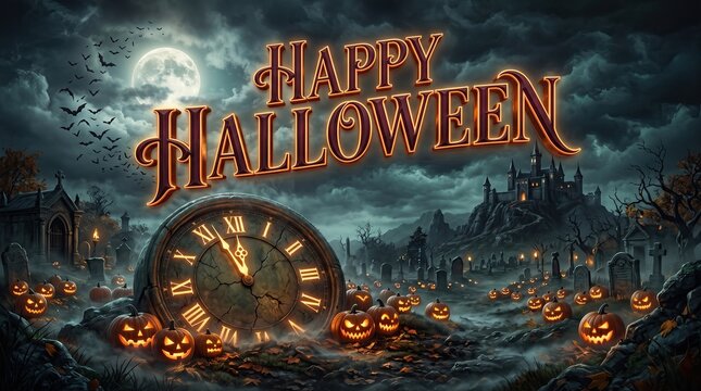 An atmospheric digital illustration serves as a happy halloween background, featuring a vintage clock marking midnight in a spooky graveyard with glowing pumpkins, flying bats, a haunted castle & moon
