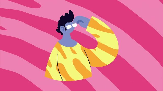 Animated character adjusts glasses against a dynamic pink and white striped background.