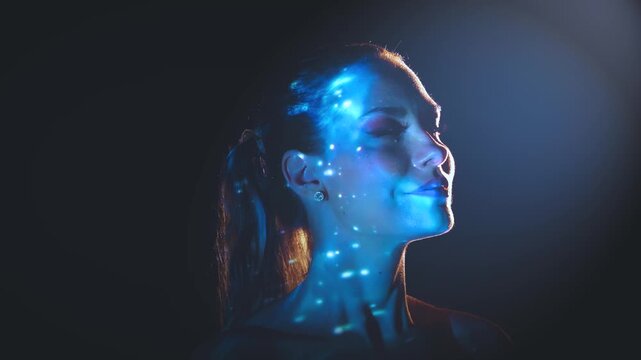 art fantasy portrait person meditating head close-up, Fairy Goddess young sexy woman and space fly stars galaxy light blue planet universe glowing on beauty face happy girl love calm. Zodiac sign 4k.