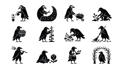 Fototapeta premium Cartoon Crows Engaged In Various Gardening And Farming Activities
