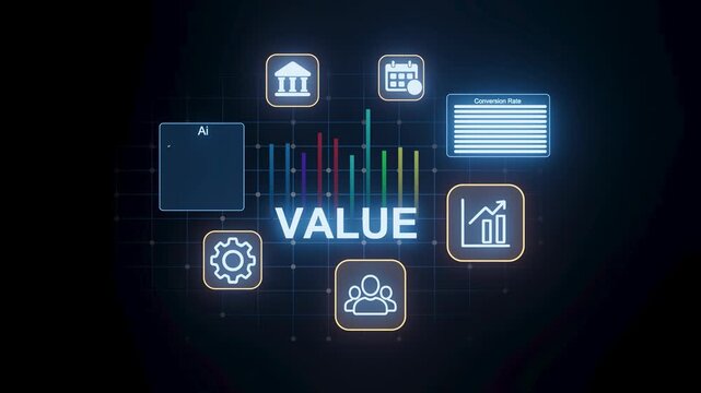 Different icons illustrate key concepts related to business value. Data points, gears, and user figures surround the word value. This scene highlights technology and analytics.