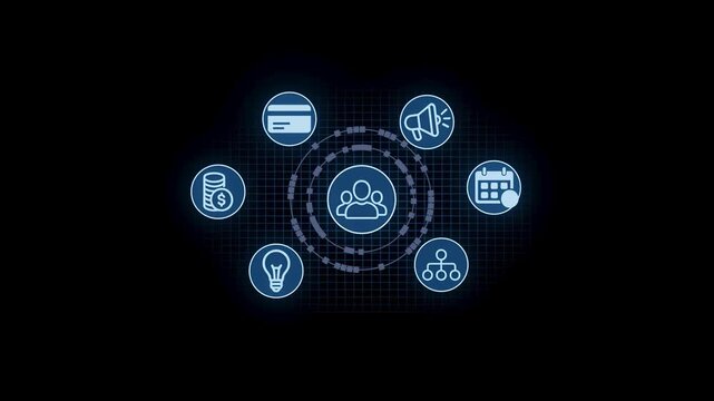 The visual shows several digital icons representing marketing, finance, communication, and planning. Each icon connects to a central figure, symbolizing teamwork.