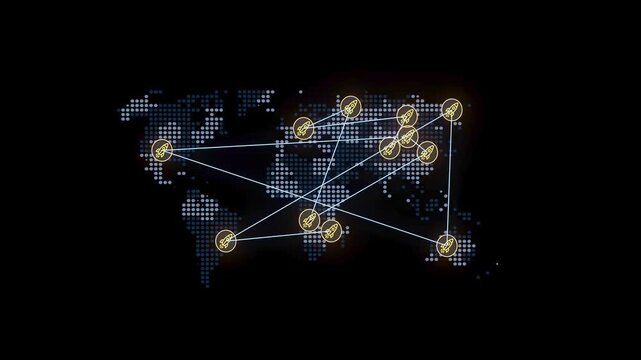 A digital map shows connections marked by nodes around the world. Lines connect different areas, representing a network of interactions. This scene occurs in a modern digital format.