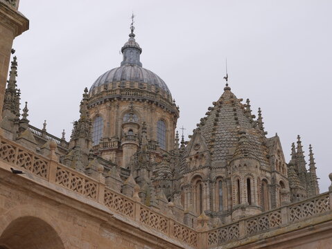 View of the ornate dome and intricate Gothic architecture of the New Cathedral of Salamanca in Salamanca, Castile and Leon, Spain.