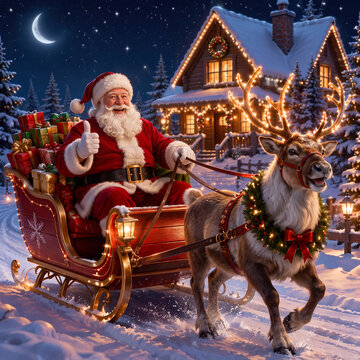 Jolly Santa Claus Drives a Sleigh Full of Gifts, Pulled by a Festive Reindeer on a Magical Christmas Night