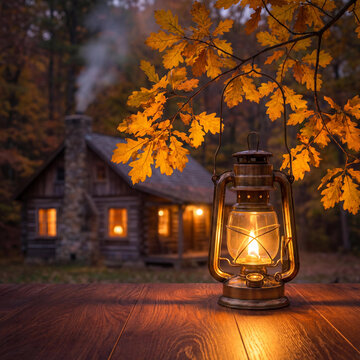 An antique brass lantern glowing warmly on a rustic wooden table, with vibrant autumn oak leaves and a cozy log cabin in the background at dusk.