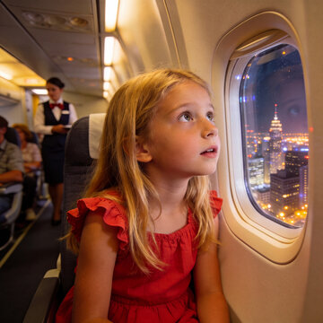 Young Blonde Girl in Red Dress Gazing Amazed at a Sparkling Night Cityscape from Airplane Window