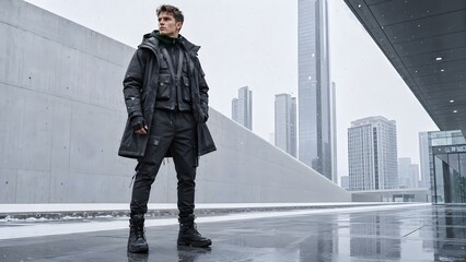 Fototapeta premium Full body portrait of handsome man wearing winter black techwear coat and boots standing outdoors in snowy urban city.