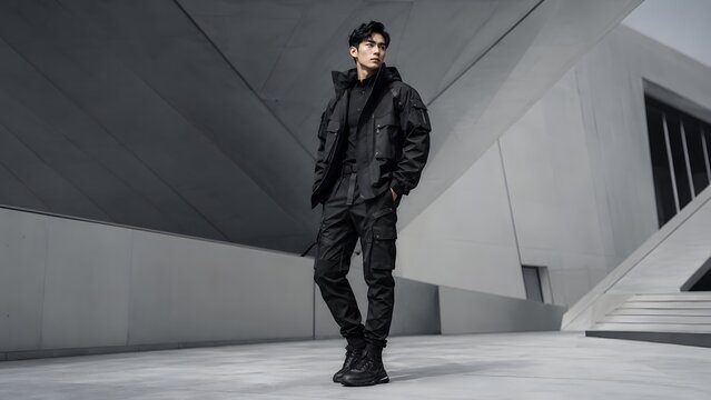 Full body shot of handsome Asian man in tactical black techwear outfit posing near modern minimalist white concrete building.