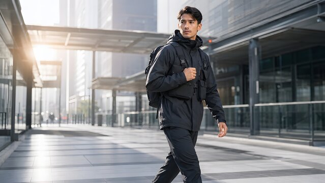 Side view of handsome Asian man in black techwear jacket and backpack walking in modern urban city space with sunlight.