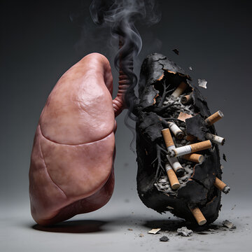 Healthy lung contrasted with severely damaged smoker's lung, illustrating the destructive effects of tobacco, featuring a crumbling organ filled with cigarette debris and smoke.