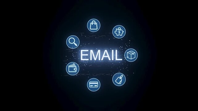 Various icons surround the word email on a dark background. The icons represent shopping, search, money, and delivery services. This shows digital communication and online activities.