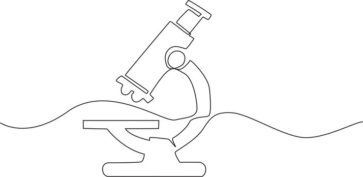 Minimalist one-line microscope illustration in black outline, isolated on white background, representing science, laboratory research, education, biology, and medical research.