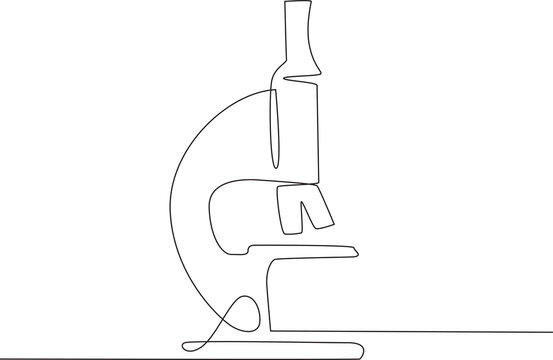 Minimalist one-line microscope illustration in black outline, isolated on white background, representing science, laboratory research, education, biology, and medical research.