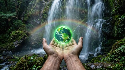 Naklejka premium A pair of human hands holding a glowing green earth globe in front of a cascading jungle waterfall with majestic waterfall surrounded